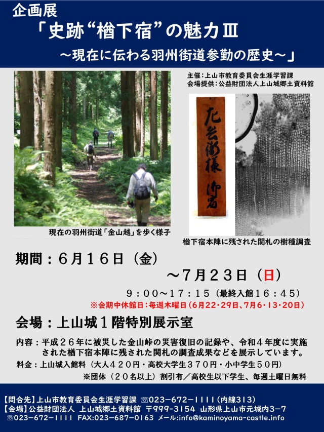 上山城企画展「史跡 ”楢下宿” の魅力Ⅲ～現在に伝わる羽州街道…